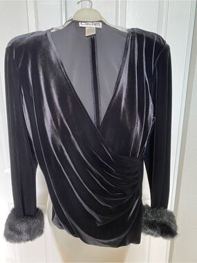 Cachet Black Velvet Draped Wrap Top with Faux-Fur Cuffs